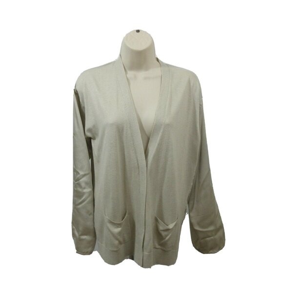 Ann Taylor Cardigan Small Beige Button-Up Roll-Tab Sleeves Knit Silky Cashmere - Picture 2 of 10